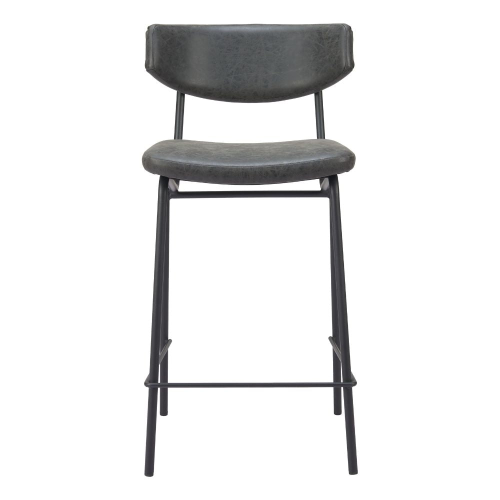 Bar stool with black leather seat and metal frame on a white background