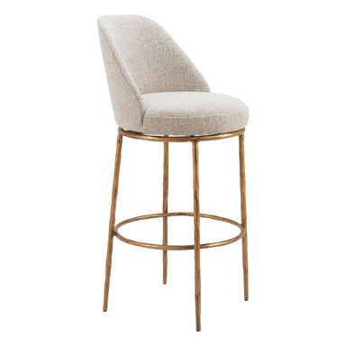 Bar stool with beige cushioned seat and gold metal frame on a white background