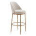 Bar stool with beige cushioned seat and gold metal frame on a white background