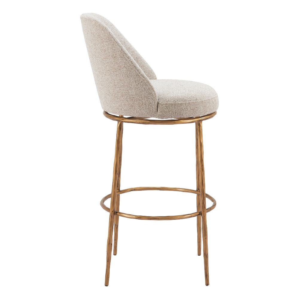 Beige bar stool with gold metal frame on a white background