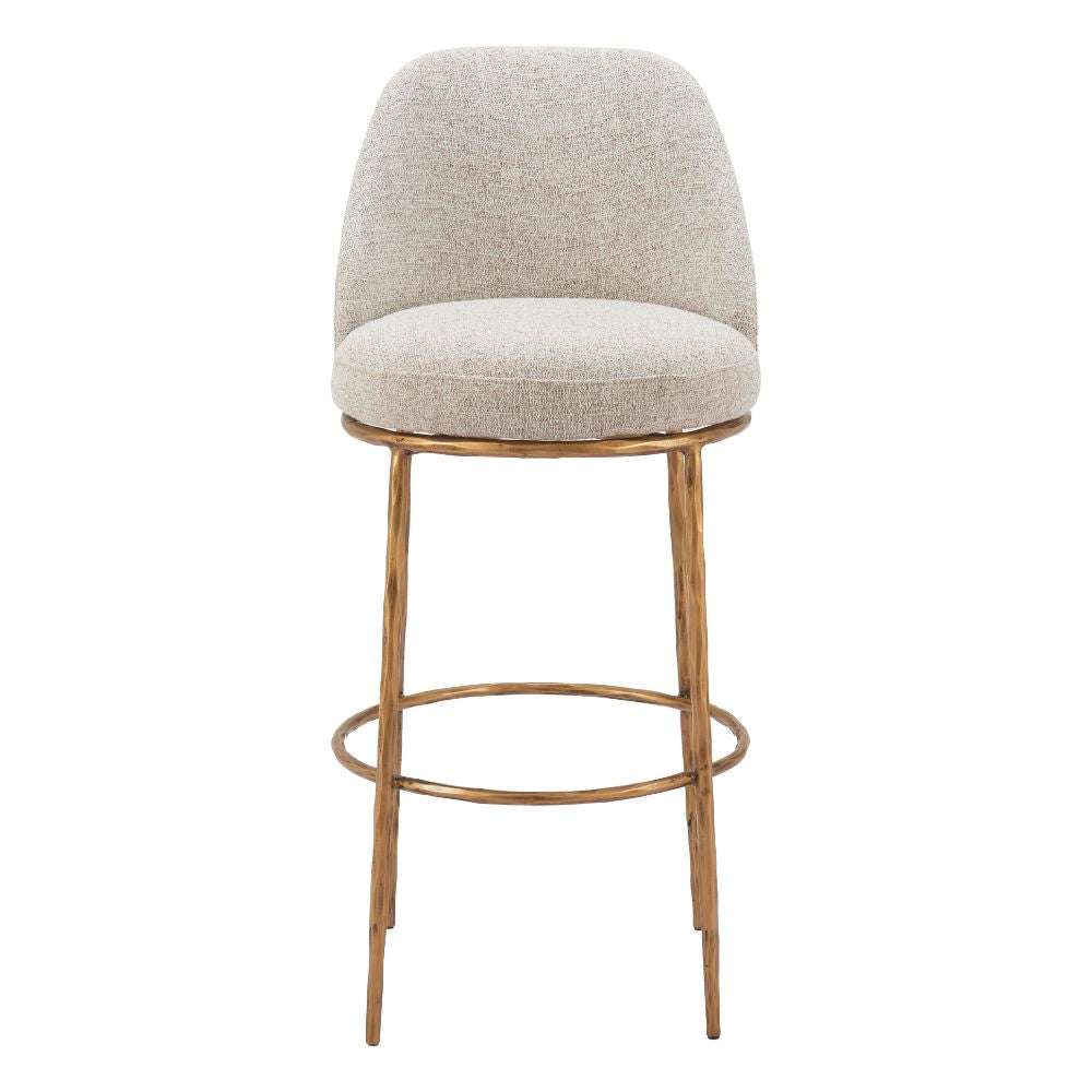 Bar stool with beige cushioned seat and backrest on a white background