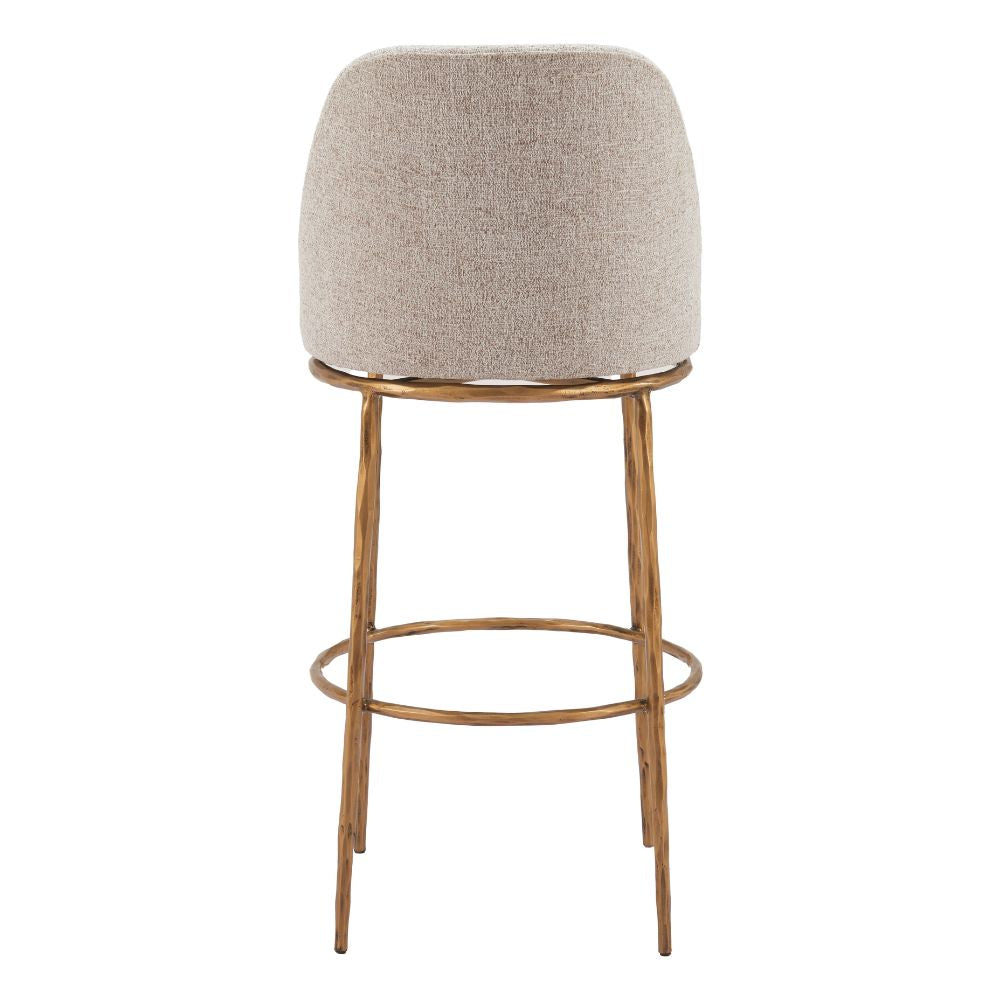 Bar stool with beige cushioned seat and gold metal frame on a white background
