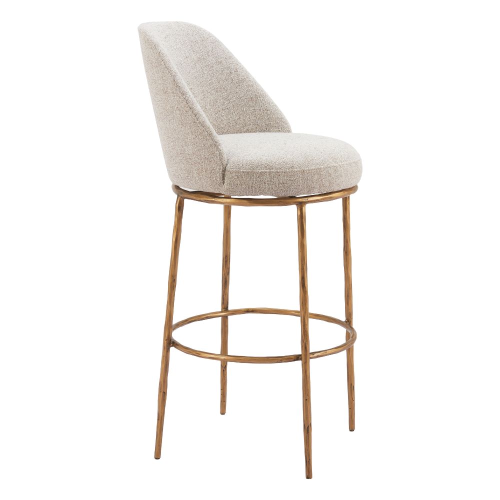Bar stool with beige cushioned seat and gold metal frame on a white background