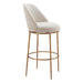 Bar stool with beige cushioned seat and gold metal frame on a white background
