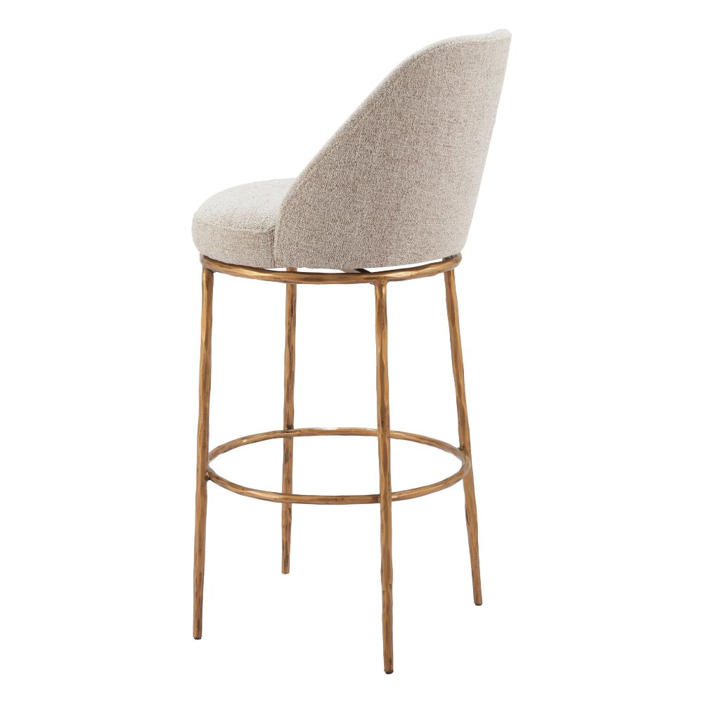 Bar stool with beige cushioned seat and gold metal frame on a white background