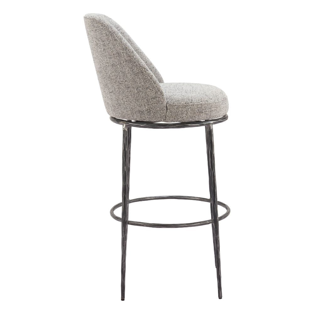 Bar stool with gray cushioned seat and black metal frame on a white background