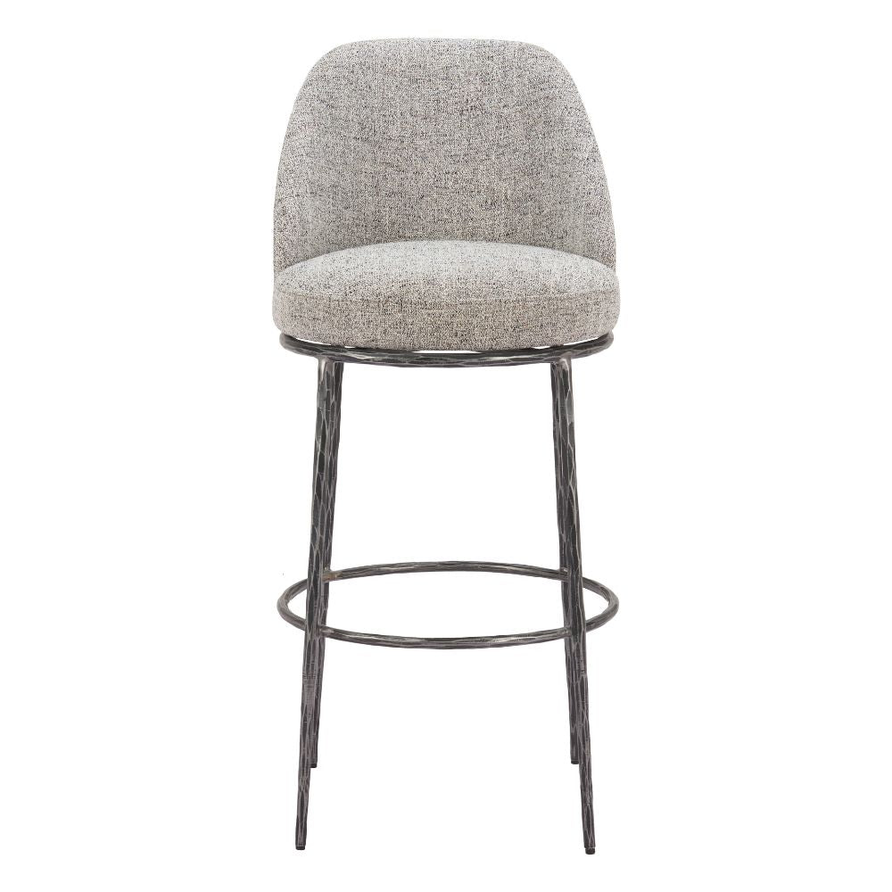 Gray upholstered bar stool with metal legs on a white background