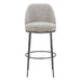 Gray upholstered bar stool with metal legs on a white background