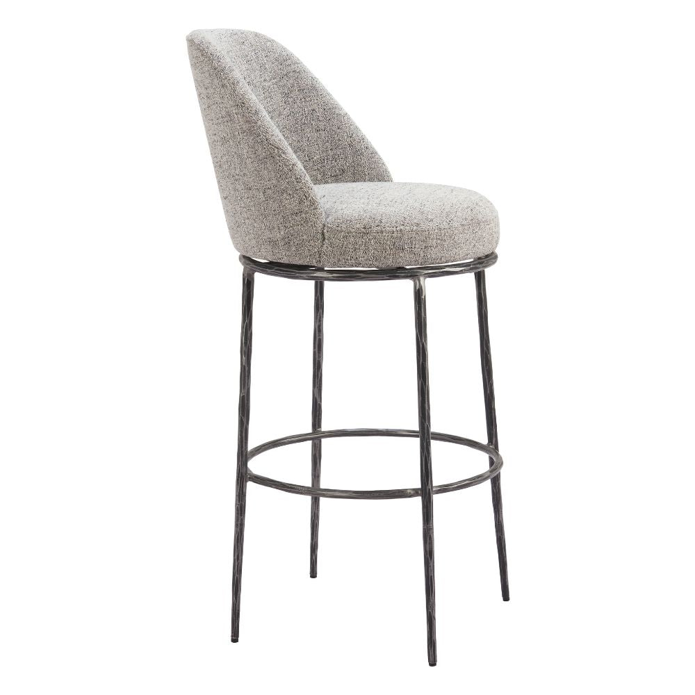 Gray cushioned bar stool with metal legs on a white background