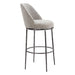 Gray cushioned bar stool with metal legs on a white background