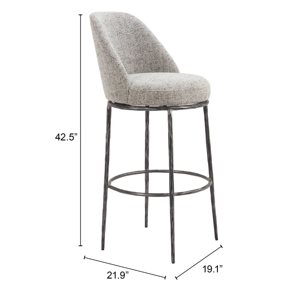 Gray bar stool with dimensions on a white background