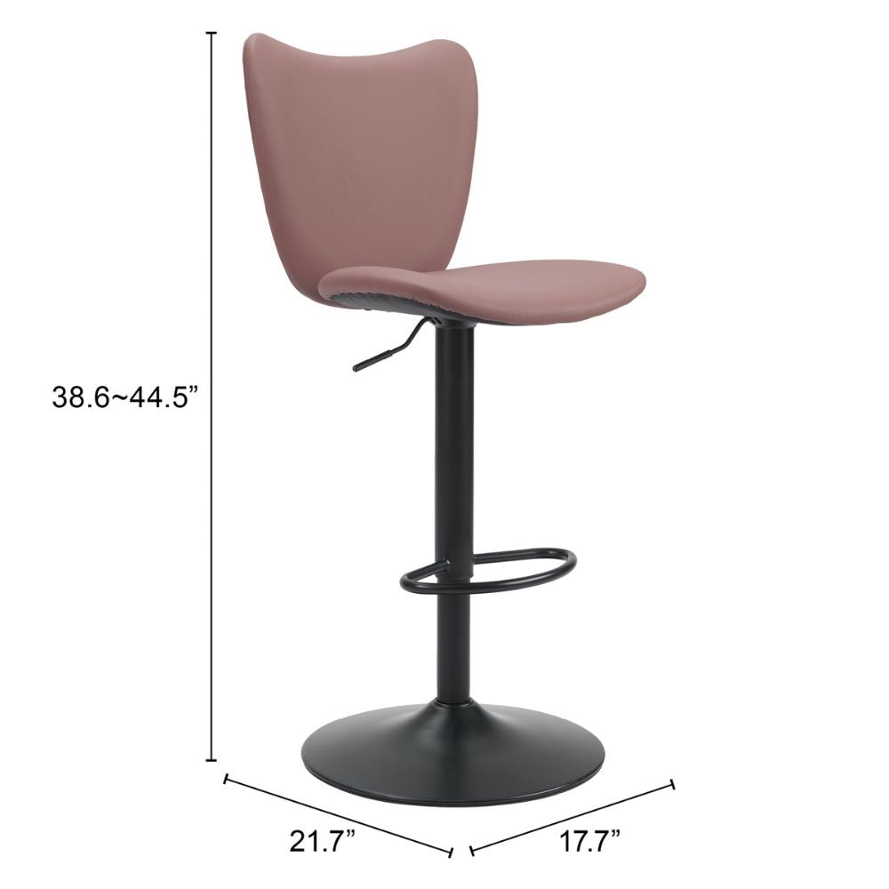 Pink bar stool with black base and dimensions on a white background