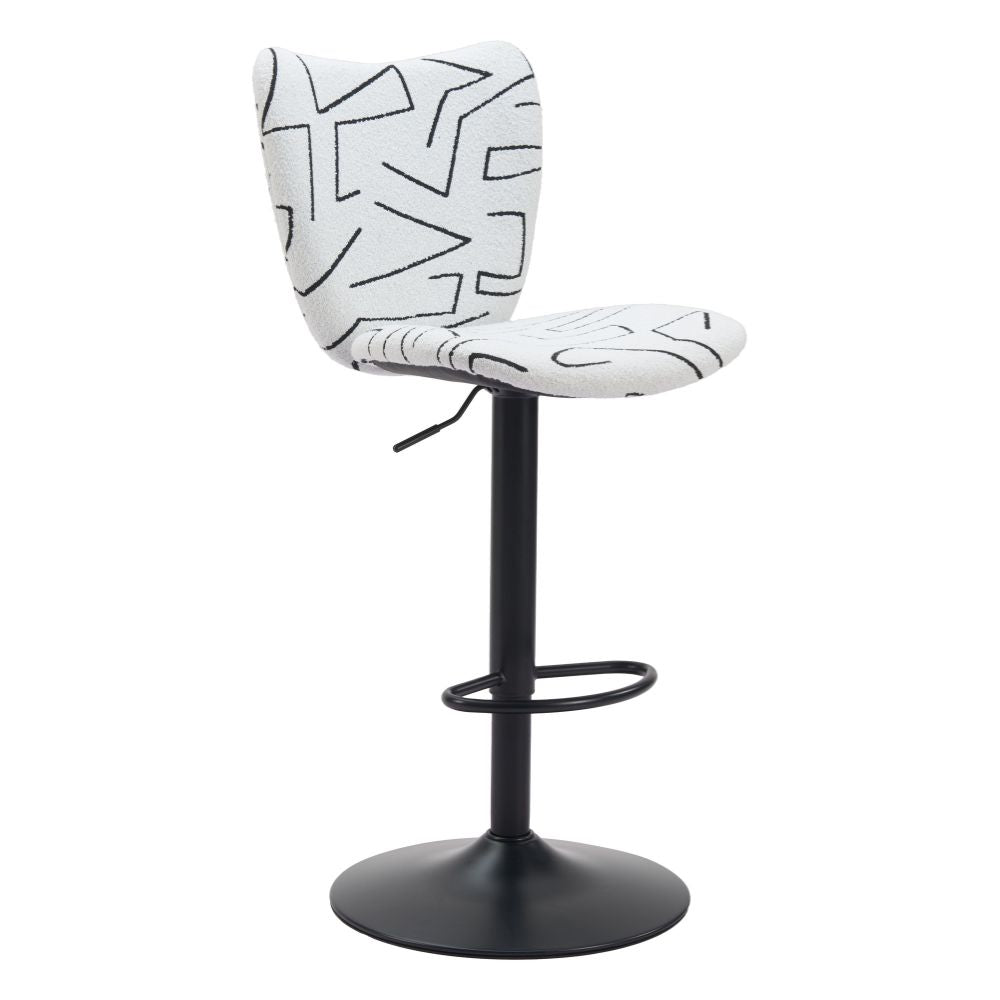 White bar stool with black abstract pattern on a white background