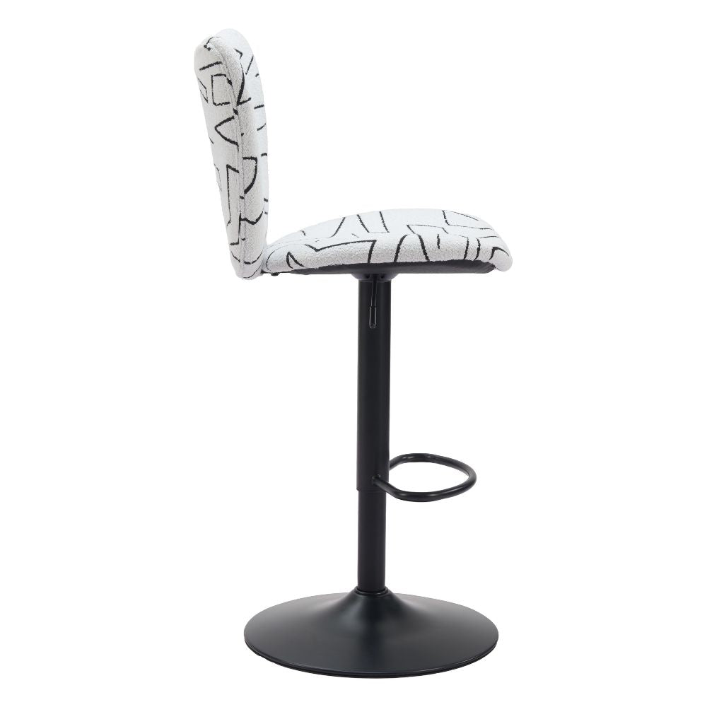 Bar stool with black and white patterned seat on a white background