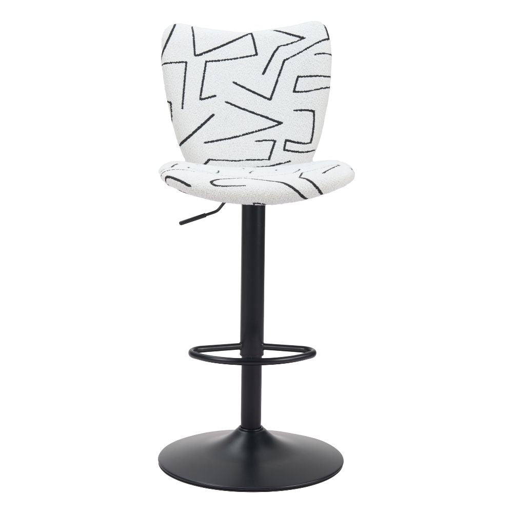 Bar stool with white seat featuring black geometric pattern on a white background