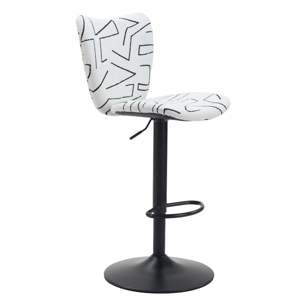Bar stool with white seat featuring black abstract patterns on a white background