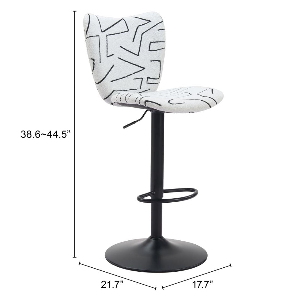 White bar stool with black geometric pattern and measurements on a white background