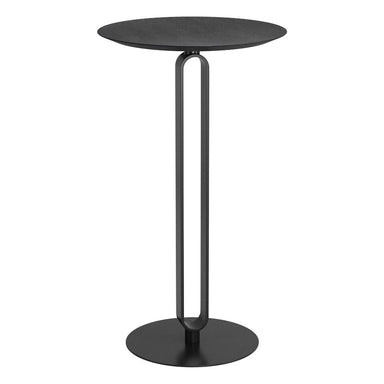 Black side table with a minimalist design on a white background
