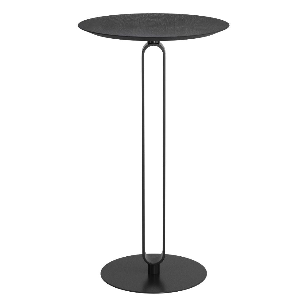 Black side table with a minimalist design on a white background