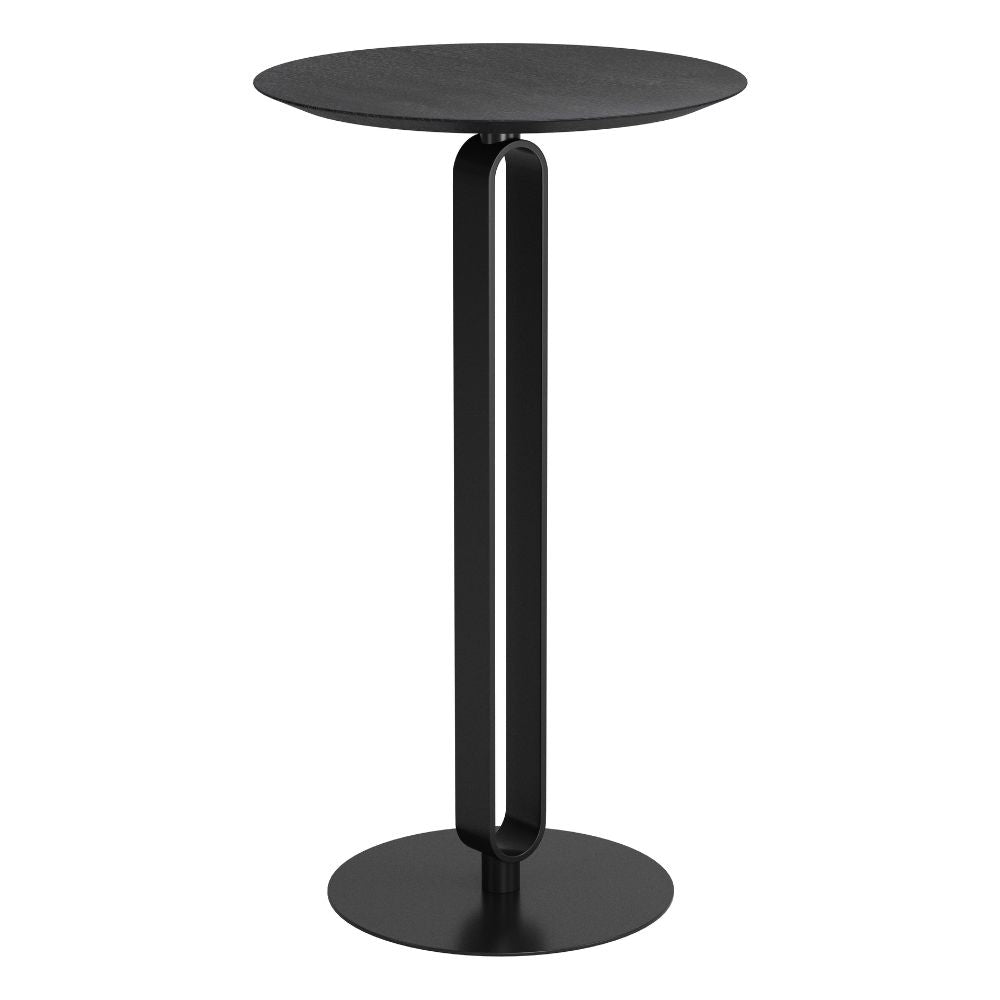 Black side table with a minimalist design on a white background