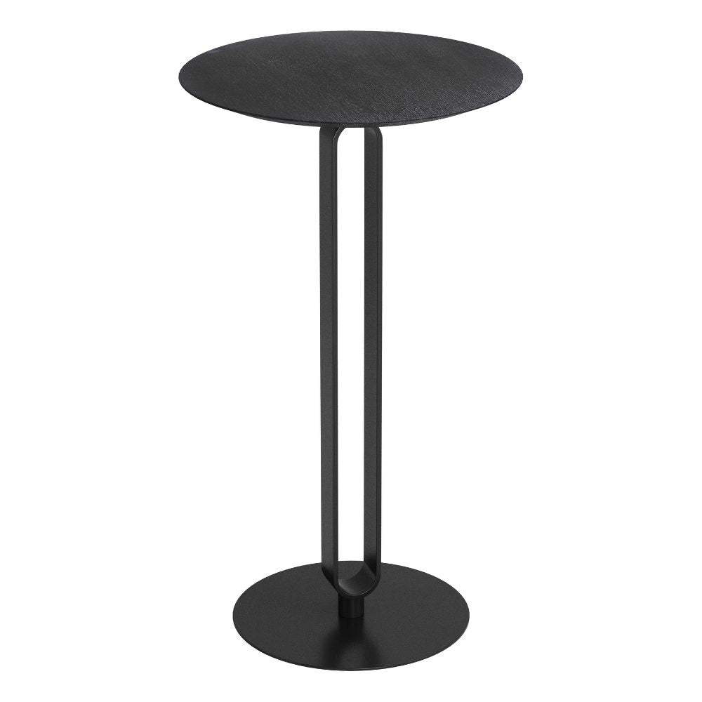 Black side table with a minimalist design on a white background