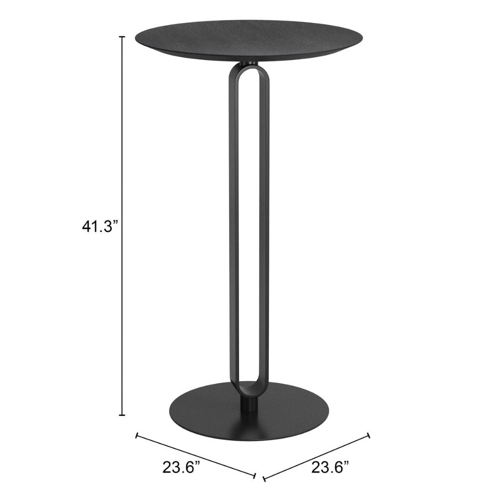 Black side table with dimensions on a white background