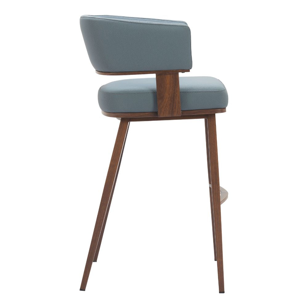 Bar stool with wooden legs and gray cushioned seat on a white background