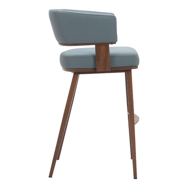 Bar stool with wooden legs and gray cushioned seat on a white background