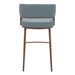 Bar stool with blue cushioned seat and backrest on a white background