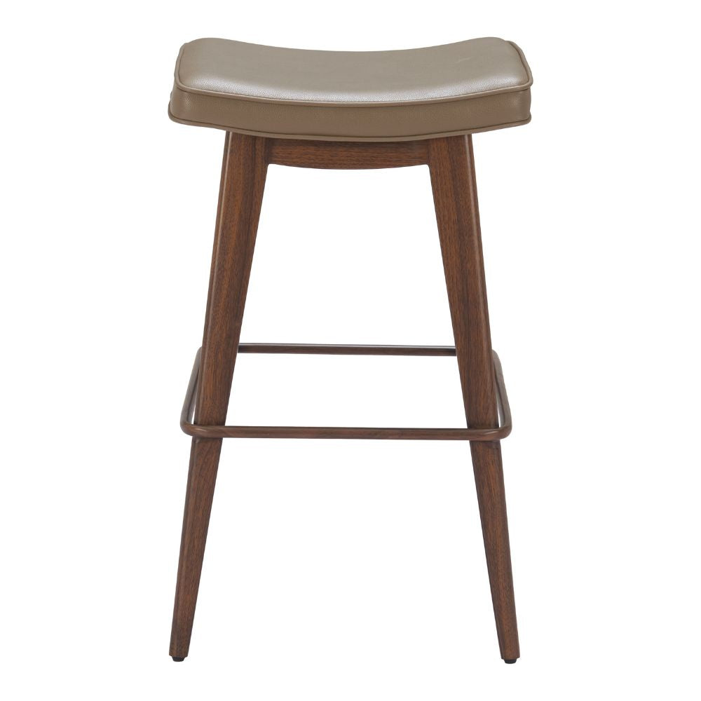 Bar stool with brown wooden legs and beige cushioned seat on a white background