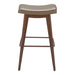 Bar stool with brown wooden legs and beige cushioned seat on a white background