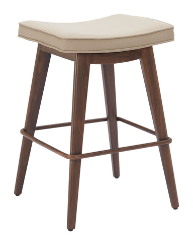 Wooden bar stool with a beige cushion on a white background