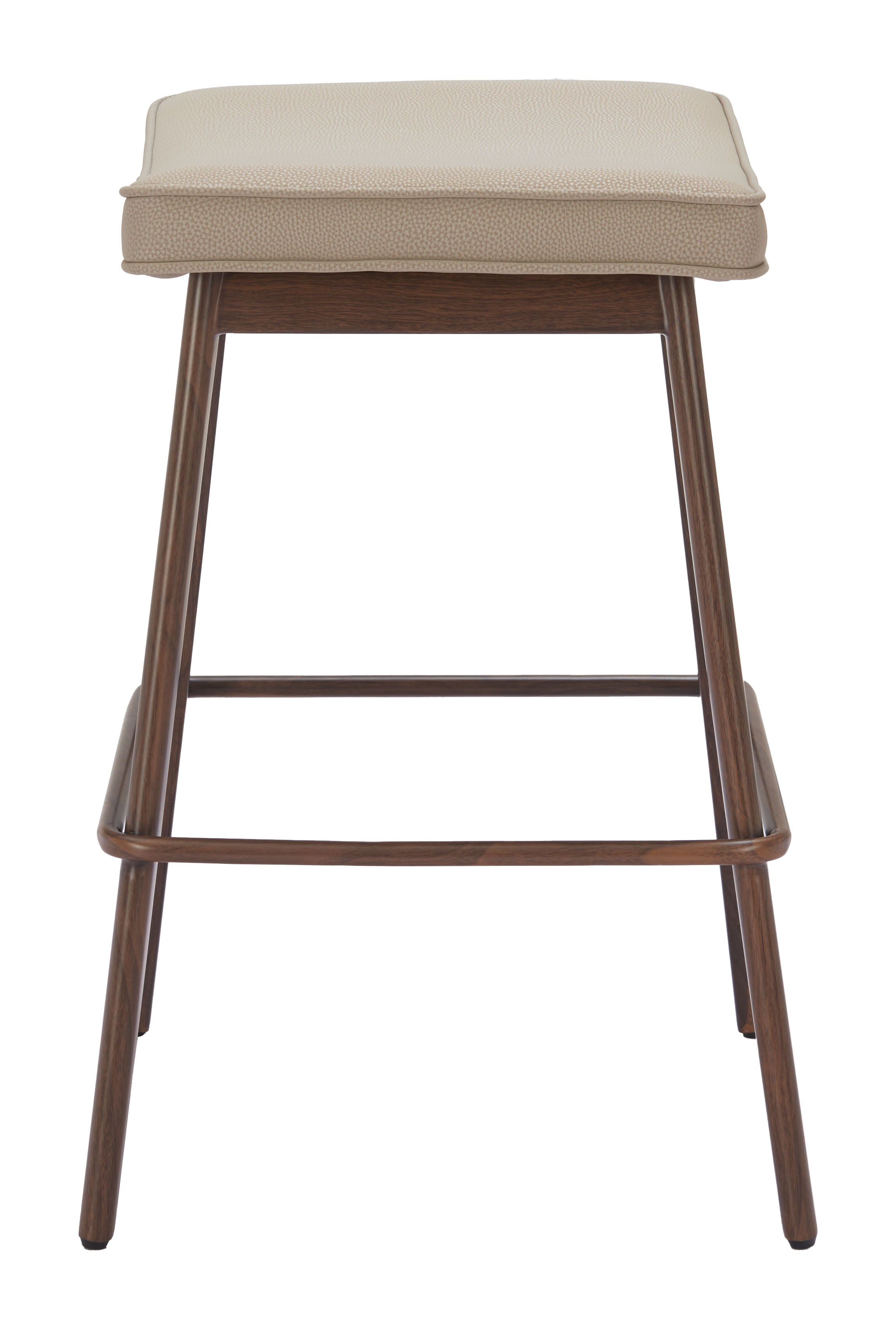Bar stool with beige cushioned seat and wooden frame on a white background