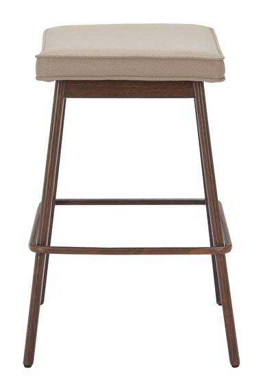 Bar stool with beige cushioned seat and wooden frame on a white background