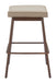 Bar stool with beige cushioned seat and wooden frame on a white background
