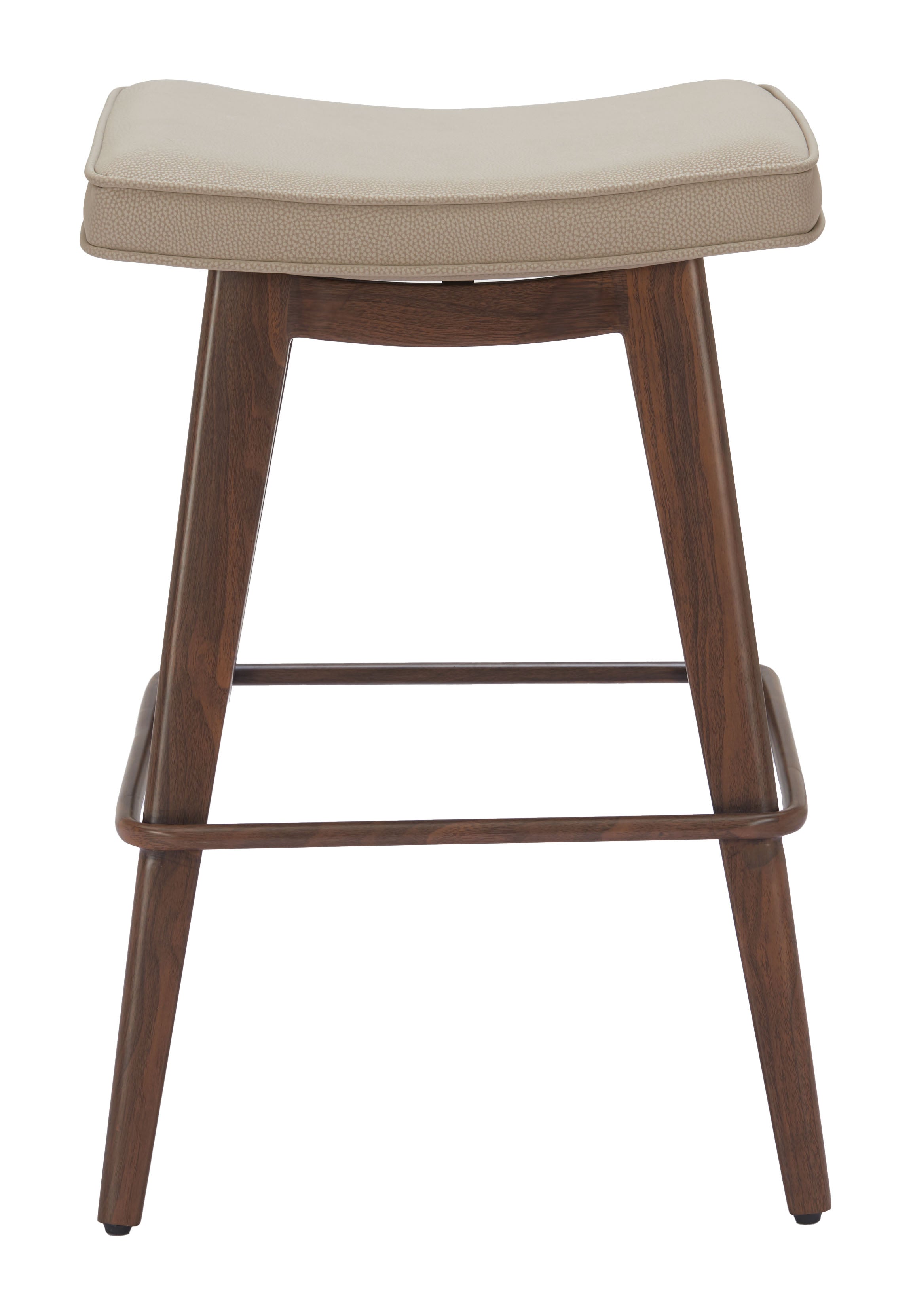 Wooden bar stool with a beige cushion on a white background
