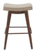 Wooden bar stool with a beige cushion on a white background