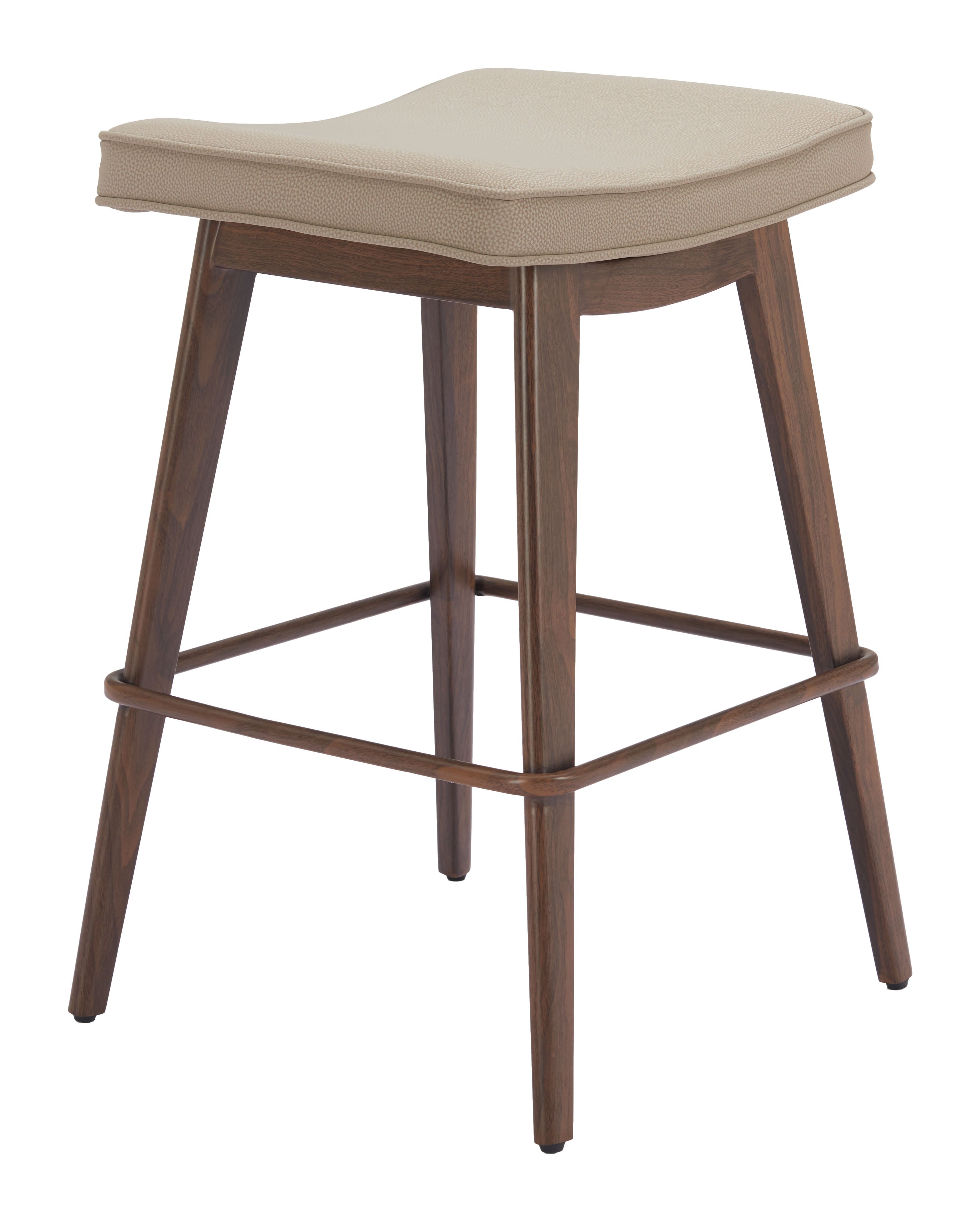 Wooden bar stool with a beige cushion on a white background