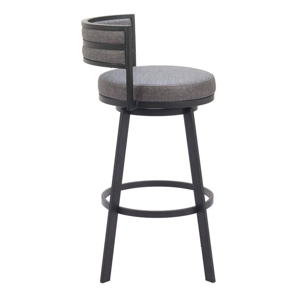 Gray cushioned bar stool with black metal frame on a white background