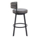 Gray cushioned bar stool with black metal frame on a white background