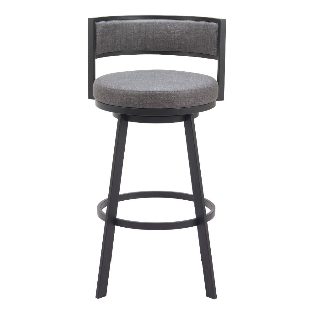 Bar stool with gray cushioned seat and backrest on a white background