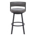 Bar stool with gray cushioned seat and backrest on a white background