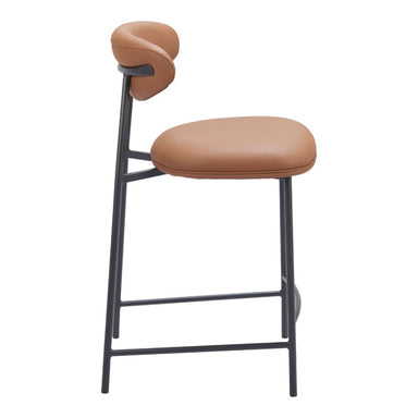 Bar stool with brown cushioned seat and backrest on a white background