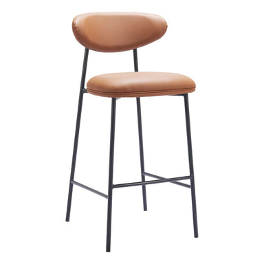 Brown bar stool with black metal legs on a white background
