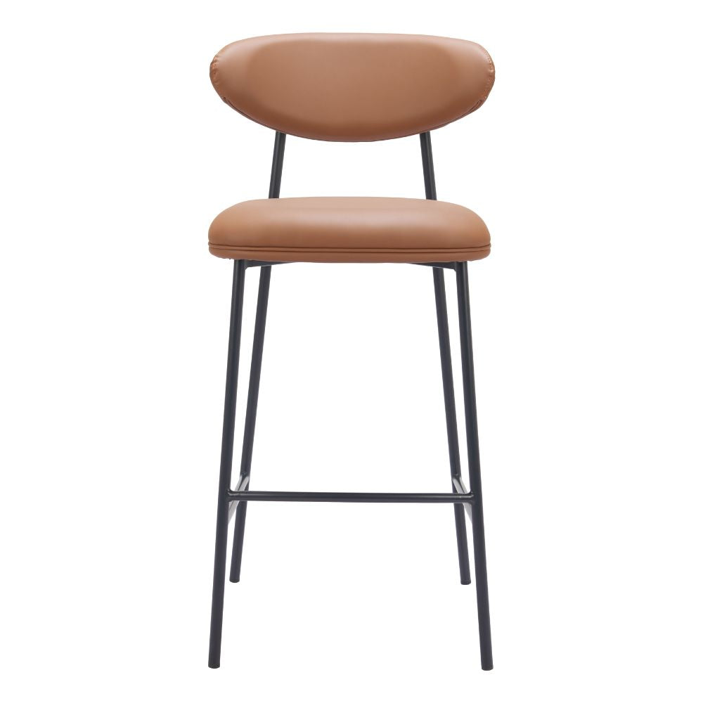 Brown bar stool with black metal legs on a white background