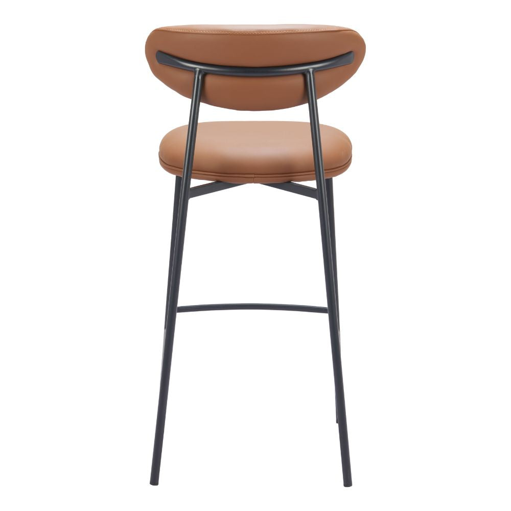 Brown bar stool with black metal legs on a white background
