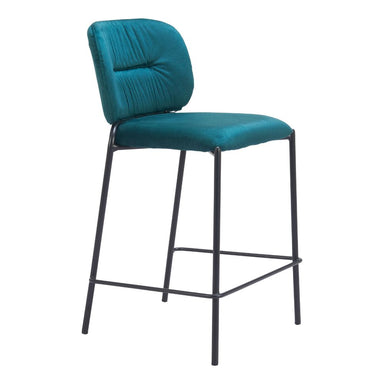 Teal bar stool with black metal legs on a white background