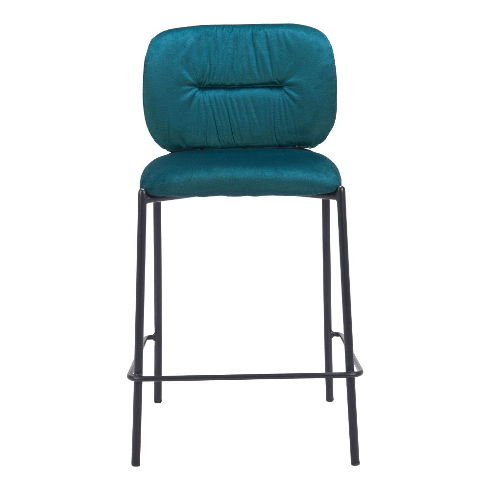 Teal bar stool with black metal legs on a white background