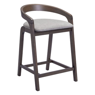 Wooden bar stool with a gray cushion on a white background