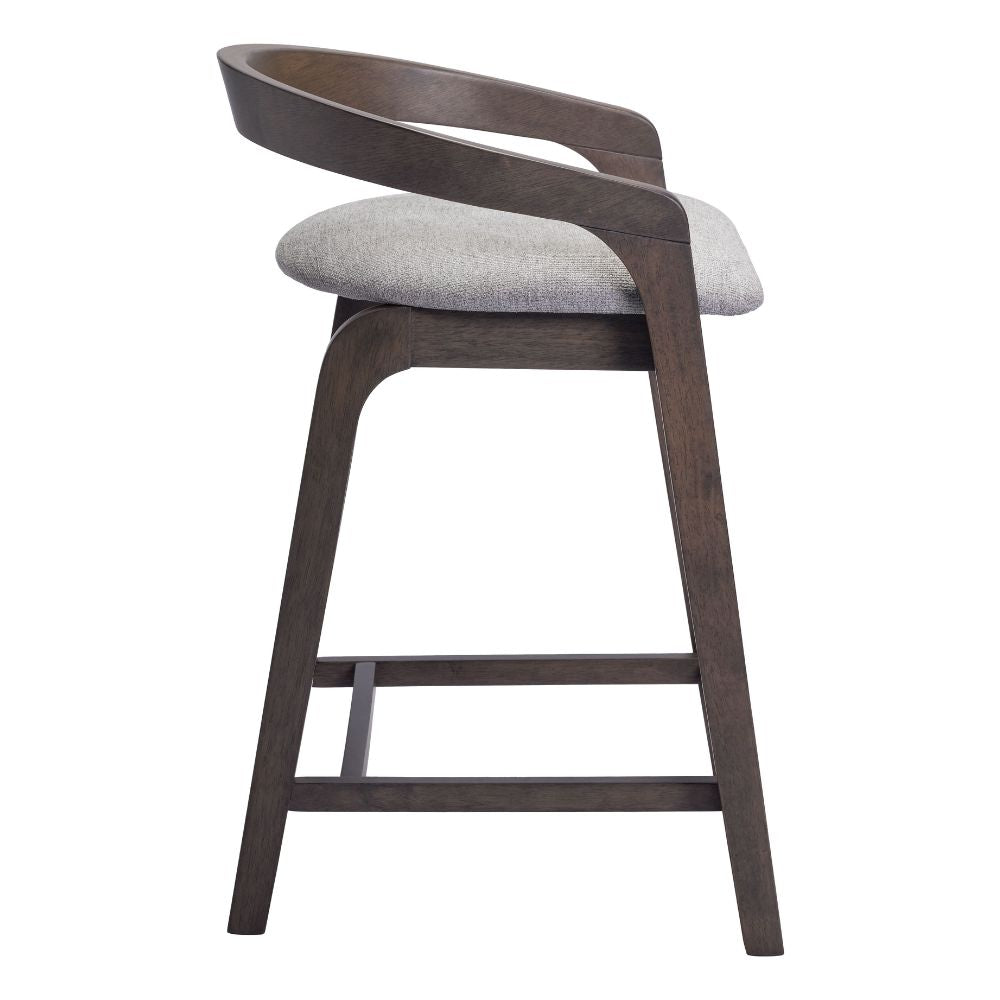 Wooden bar stool with gray cushioned seat on a white background
